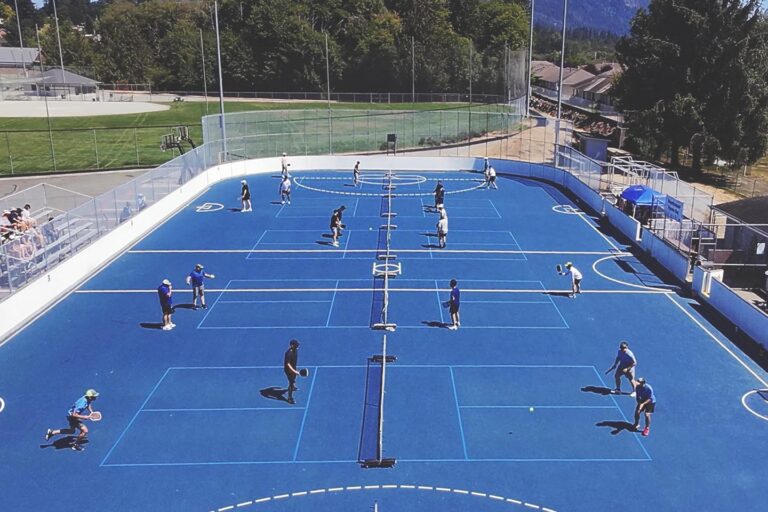a blue pickleball court